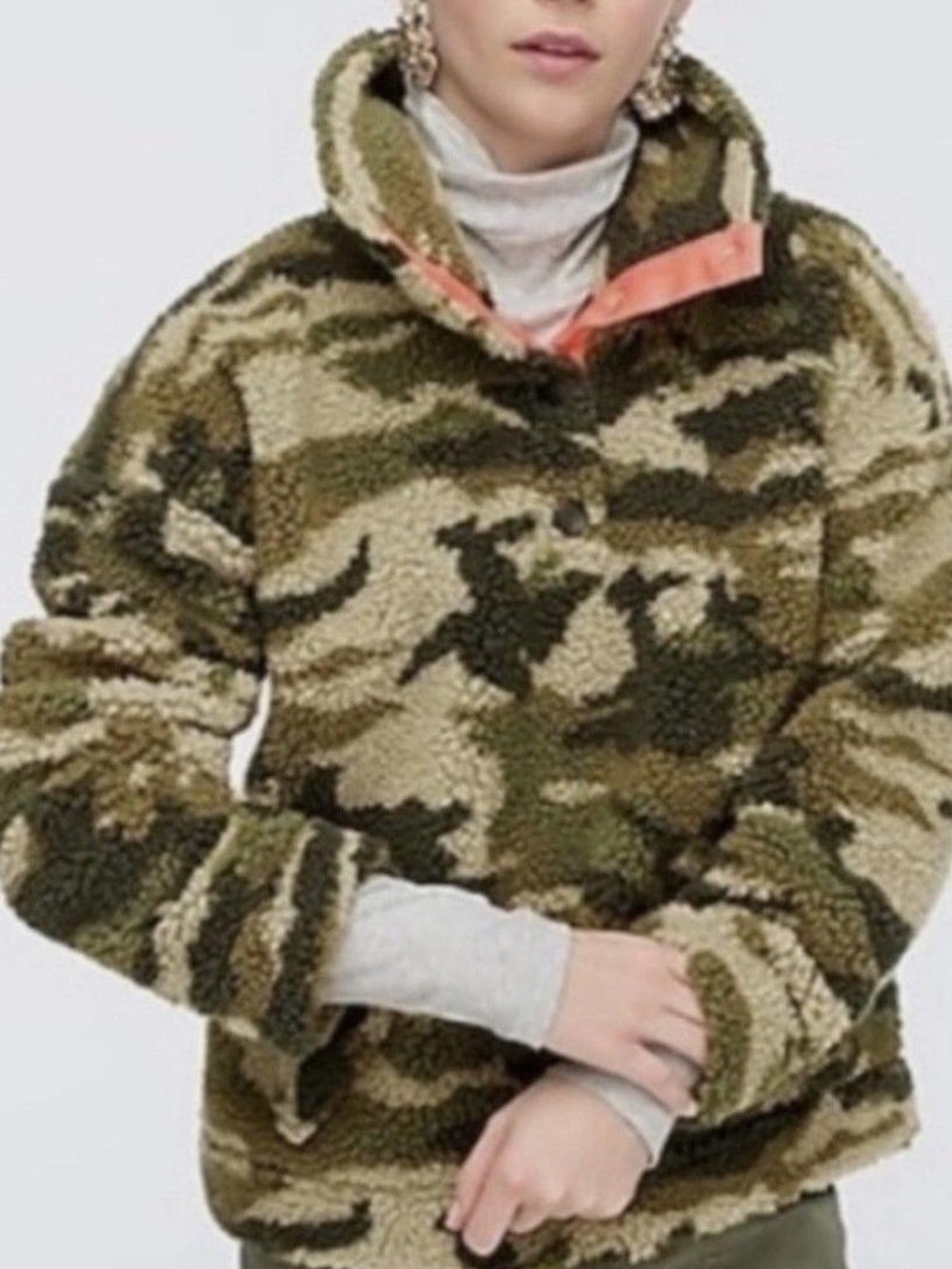 J. Crew Olive and Khaki Camo Sherpa Pullover with Coral Trim